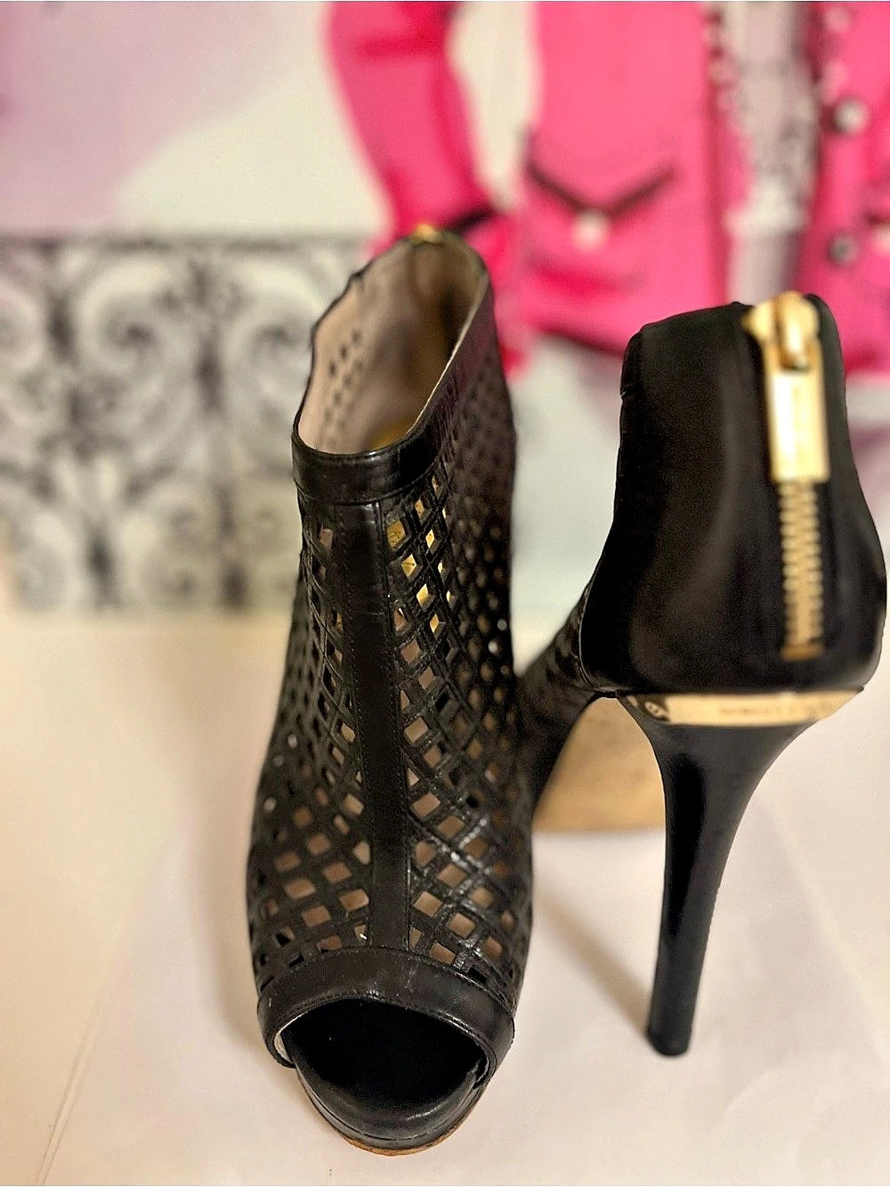Michael Kors Black Leather Cutout Peep Toe Stiletto Booties 7.5M